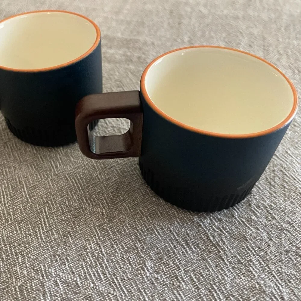 Set of 2 2 oz. Ceramic Navy Orange Rim Expresso Demitasse Cup Mugs